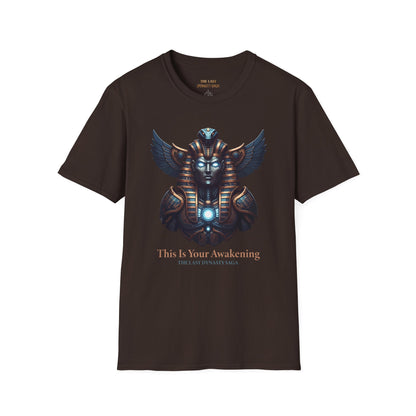 Egyptian Pharaoh Chest &amp; Serpent Back T-Shirt — "This Is Your Awakening / Endless Power"