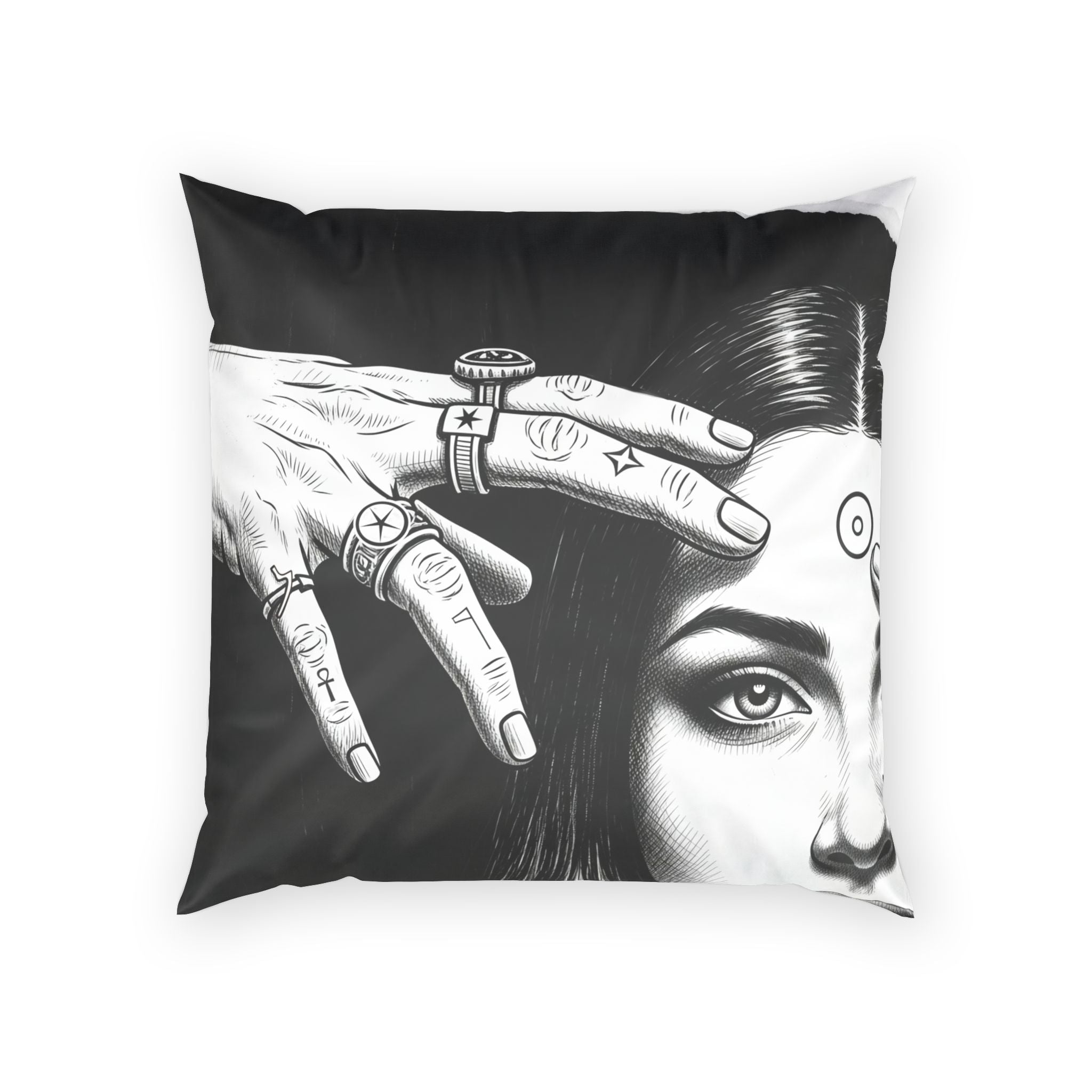 Mystic Portrait Velvet Pillow — Black &amp; White Occult Art Decorative Throw