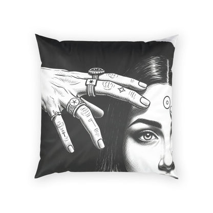 Mystic Portrait Velvet Pillow — Black &amp; White Occult Art Decorative Throw