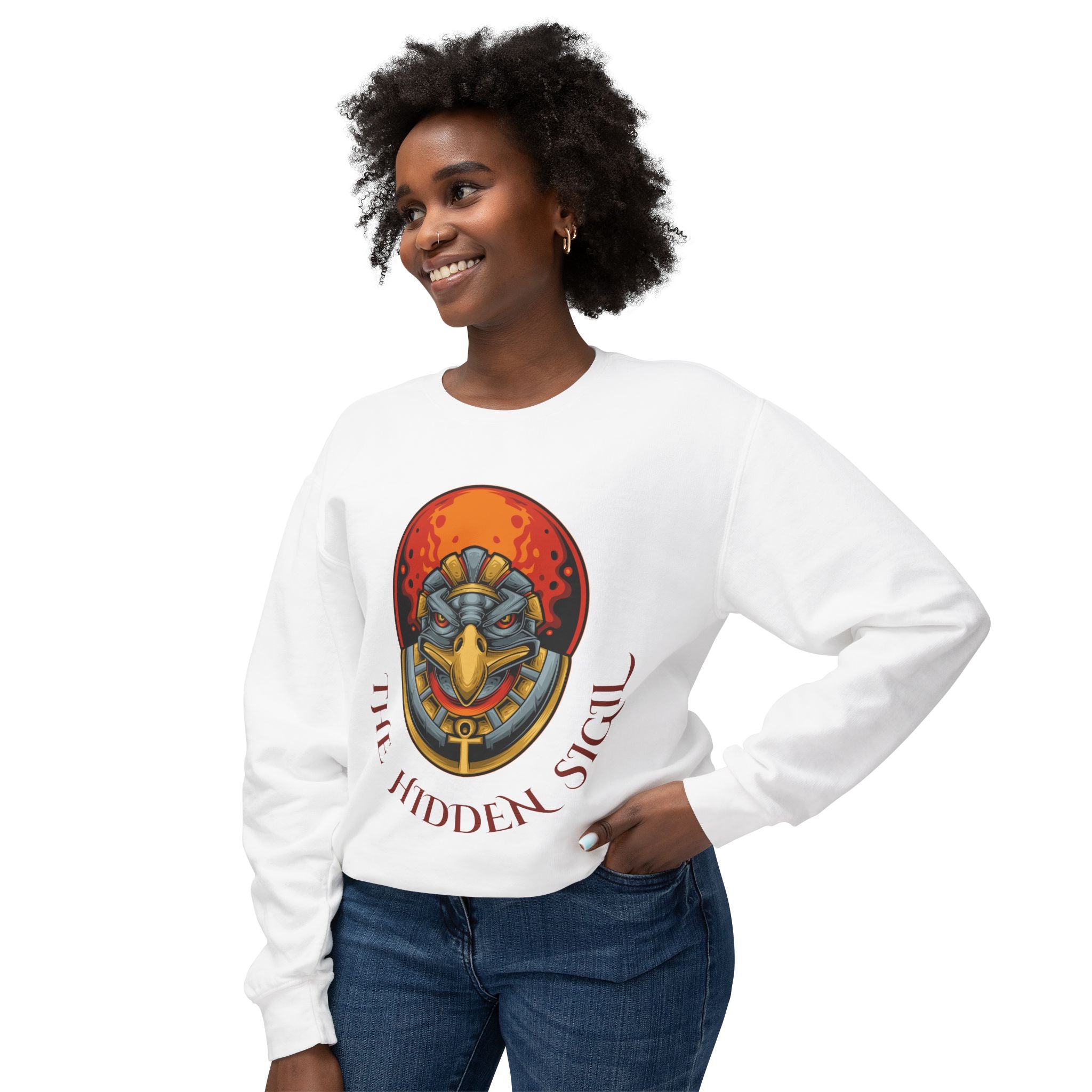 The Hidden Sigil Crewneck Sweatshirt — Mythic Bird Mask Graphic, "Some Destinies Are Rewritten..." Back Quote