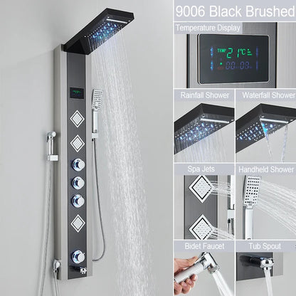 Black LED Light Shower Faucet Bathroom SPA Massage Jet Shower Column System Waterfall Rain Shower Panel Bidet Sprayer Tap