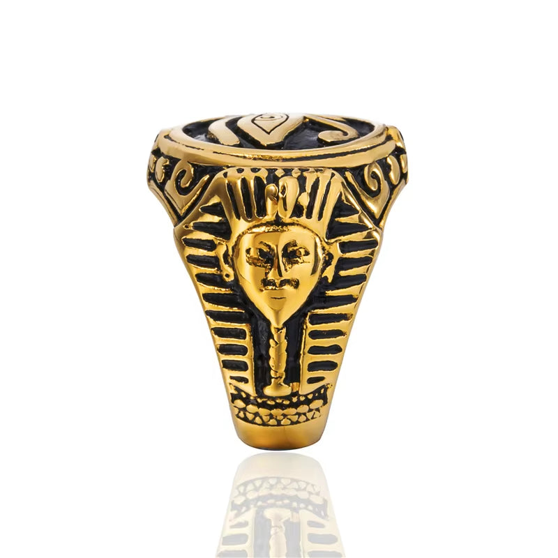 Pharaoh &amp; Eye of Horus Ring 316L Stainless Steel Statement Band