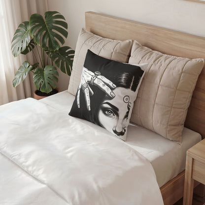 Mystic Portrait Velvet Pillow — Black &amp; White Occult Art Decorative Throw
