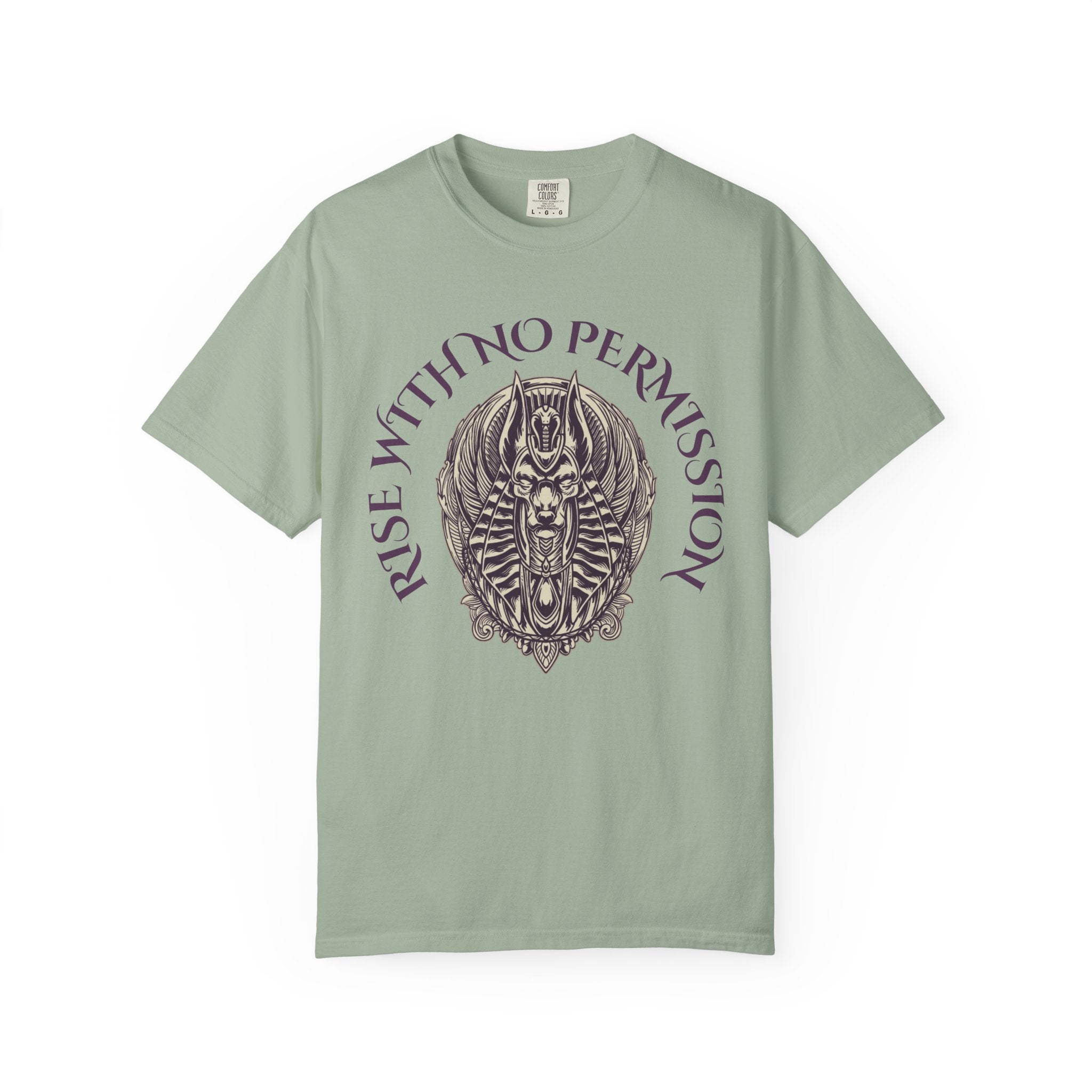 Rise With No Permission T-Shirt — Anubis Helmet Graphic Tee (“Your Song Is Your Spell”)