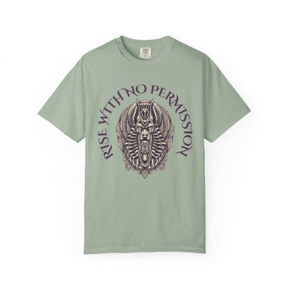 Rise With No Permission T-Shirt — Anubis Helmet Graphic Tee (“Your Song Is Your Spell”)