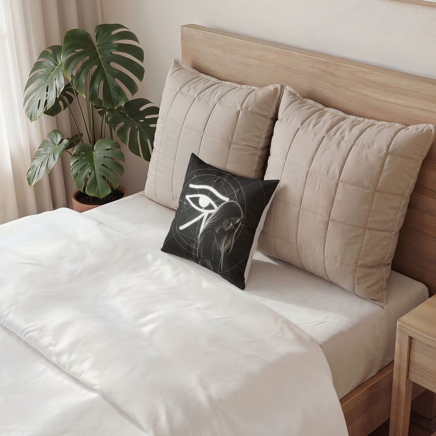 Egyptian Eye of Horus Velvet Pillow — Mystic Monochrome Decorative Throw Pillow
