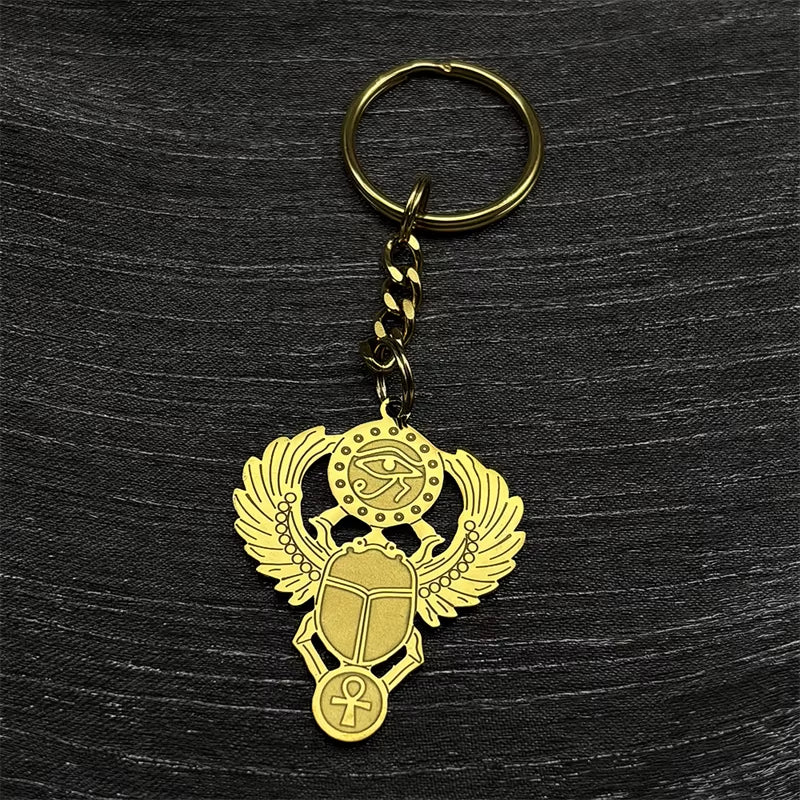 Scarab &amp; Solar Eye Pendant Necklace Gold-Tone Stainless Steel with Ankh Detail (Unisex)