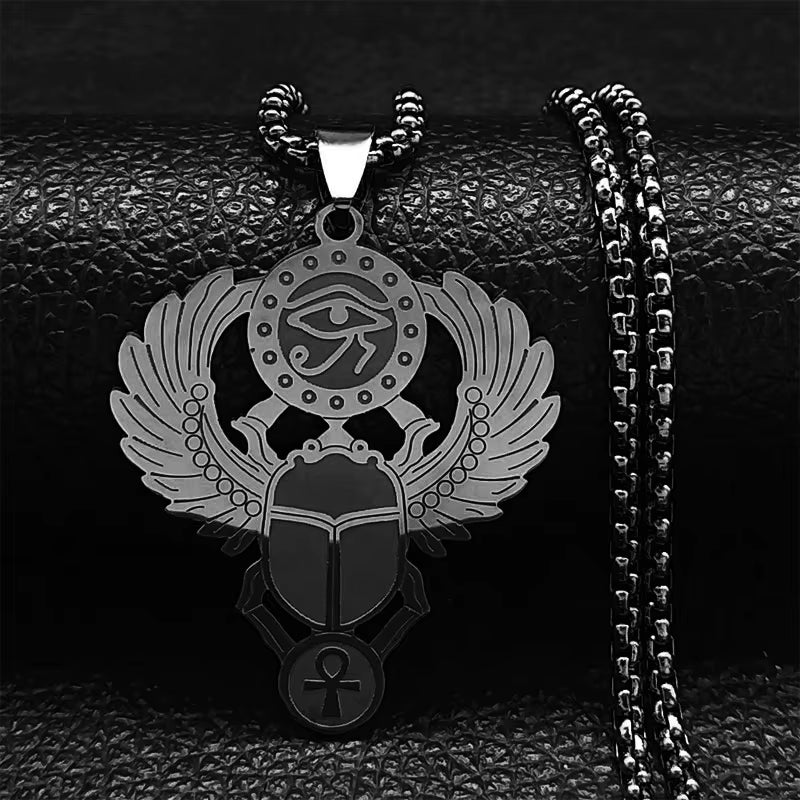 Scarab &amp; Solar Eye Pendant Necklace Gold-Tone Stainless Steel with Ankh Detail (Unisex)
