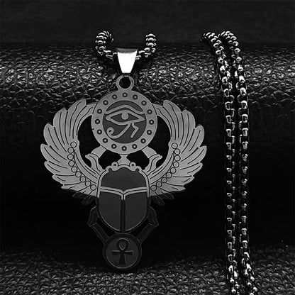 Scarab &amp; Solar Eye Pendant Necklace Gold-Tone Stainless Steel with Ankh Detail (Unisex)