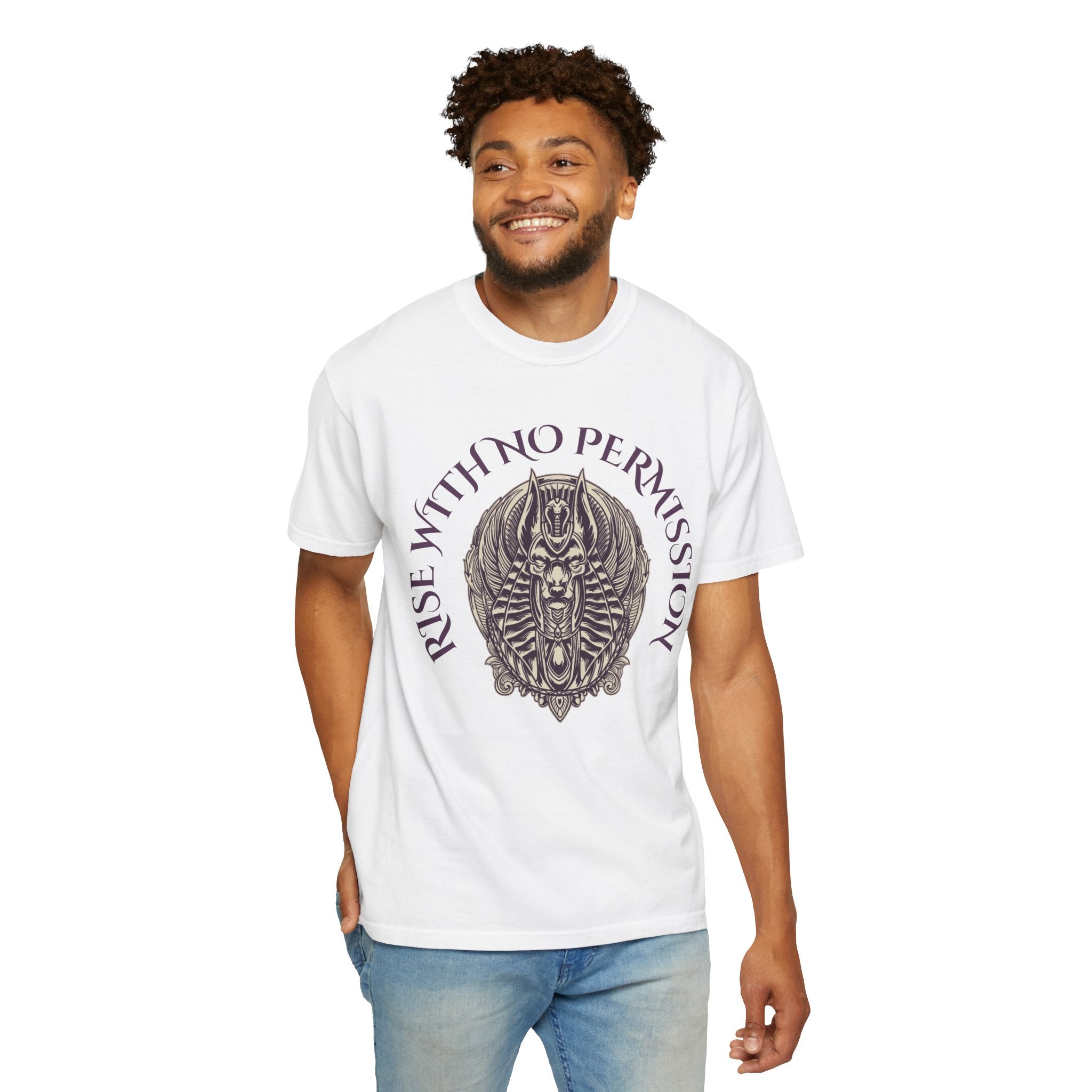Rise With No Permission T-Shirt — Anubis Helmet Graphic Tee (“Your Song Is Your Spell”)