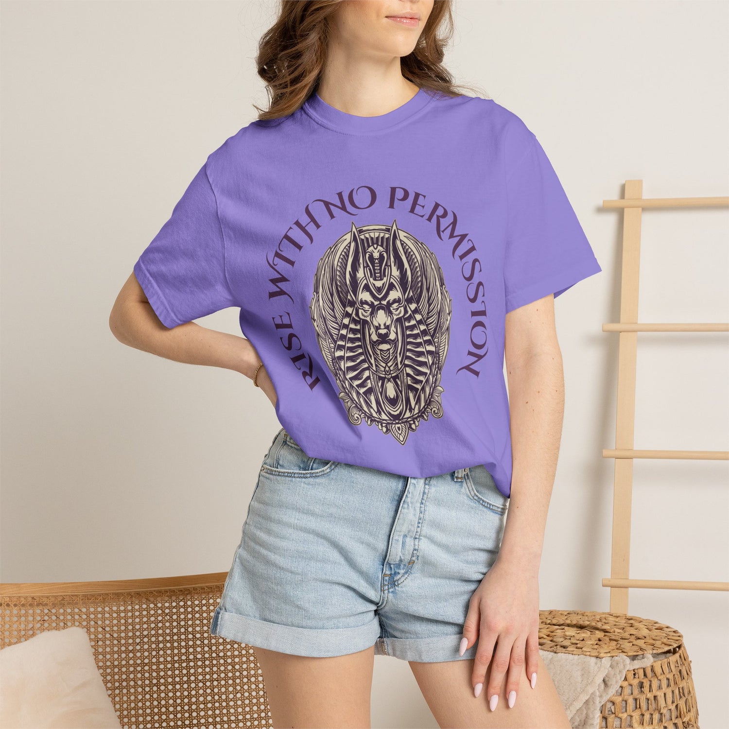 Rise With No Permission T-Shirt — Anubis Helmet Graphic Tee (“Your Song Is Your Spell”)