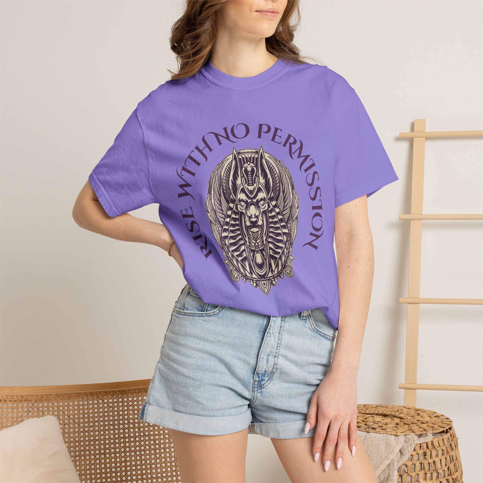 Rise With No Permission T-Shirt — Anubis Helmet Graphic Tee (“Your Song Is Your Spell”)