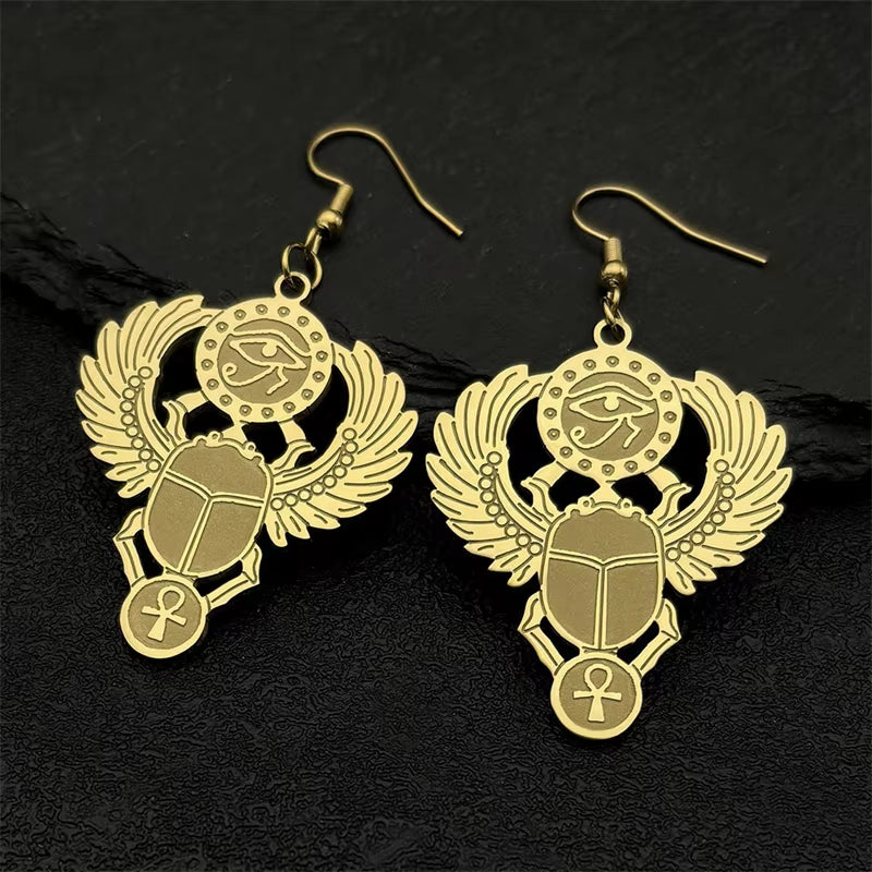 Scarab &amp; Solar Eye Pendant Necklace Gold-Tone Stainless Steel with Ankh Detail (Unisex)