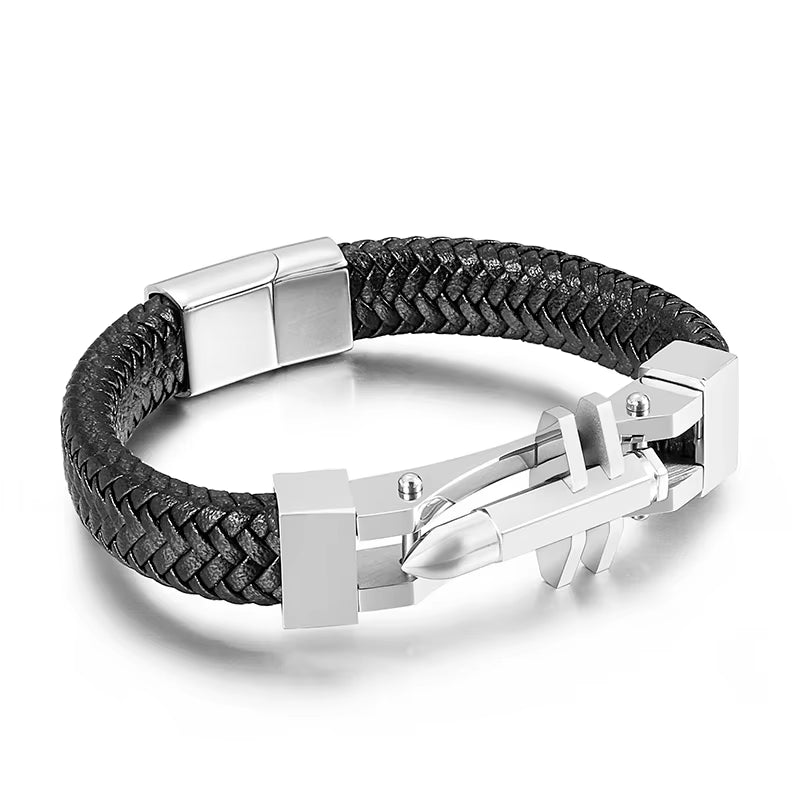 Black Leather &amp; Steel Bracelet 316L Stainless Steel Clasp | Structured Men’s Wristband