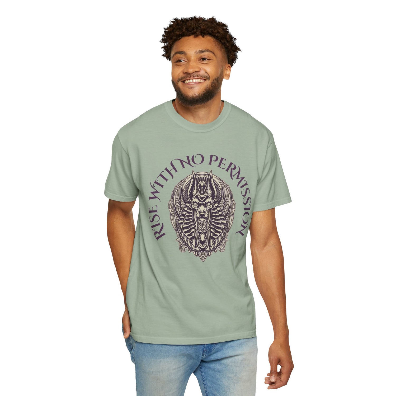 Rise With No Permission T-Shirt — Anubis Helmet Graphic Tee (“Your Song Is Your Spell”)