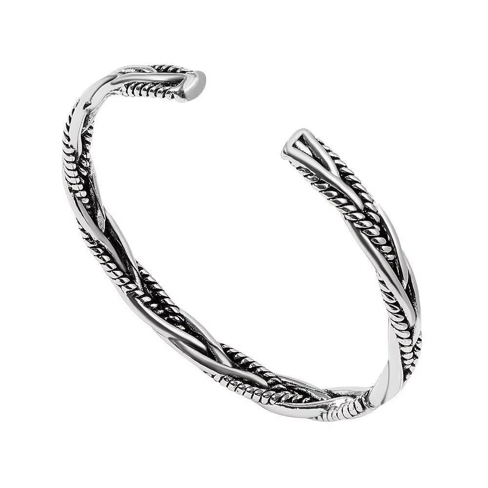 Twisted Woven Open Cuff Bracelet Silver-Tone Adjustable Stainless Steel Bangle (Unisex)