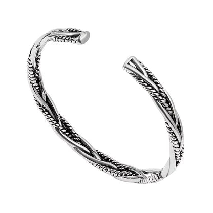 Twisted Woven Open Cuff Bracelet Silver-Tone Adjustable Stainless Steel Bangle (Unisex)
