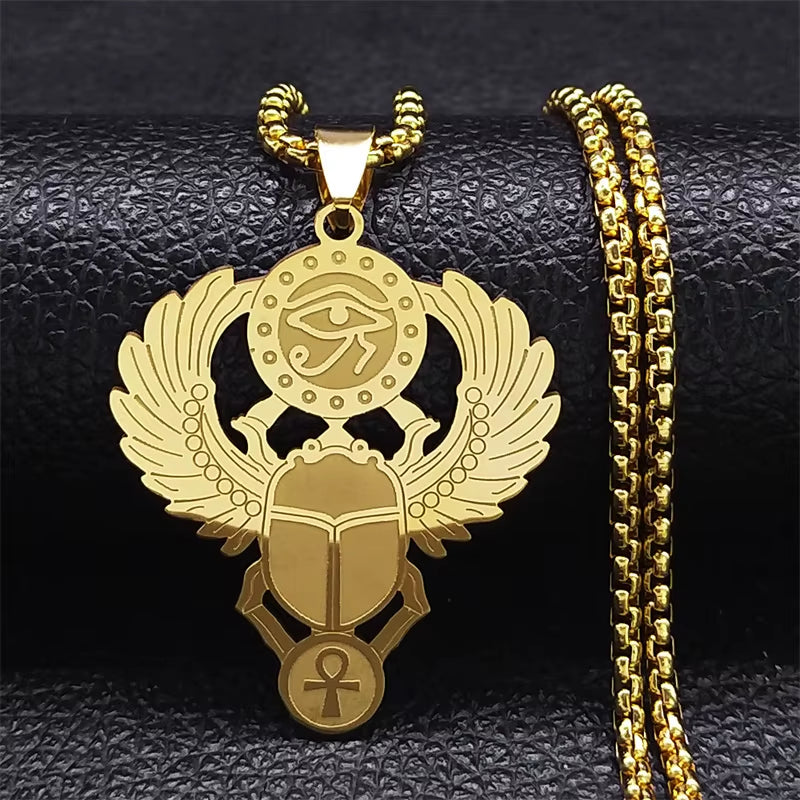 Scarab &amp; Solar Eye Pendant Necklace Gold-Tone Stainless Steel with Ankh Detail (Unisex)