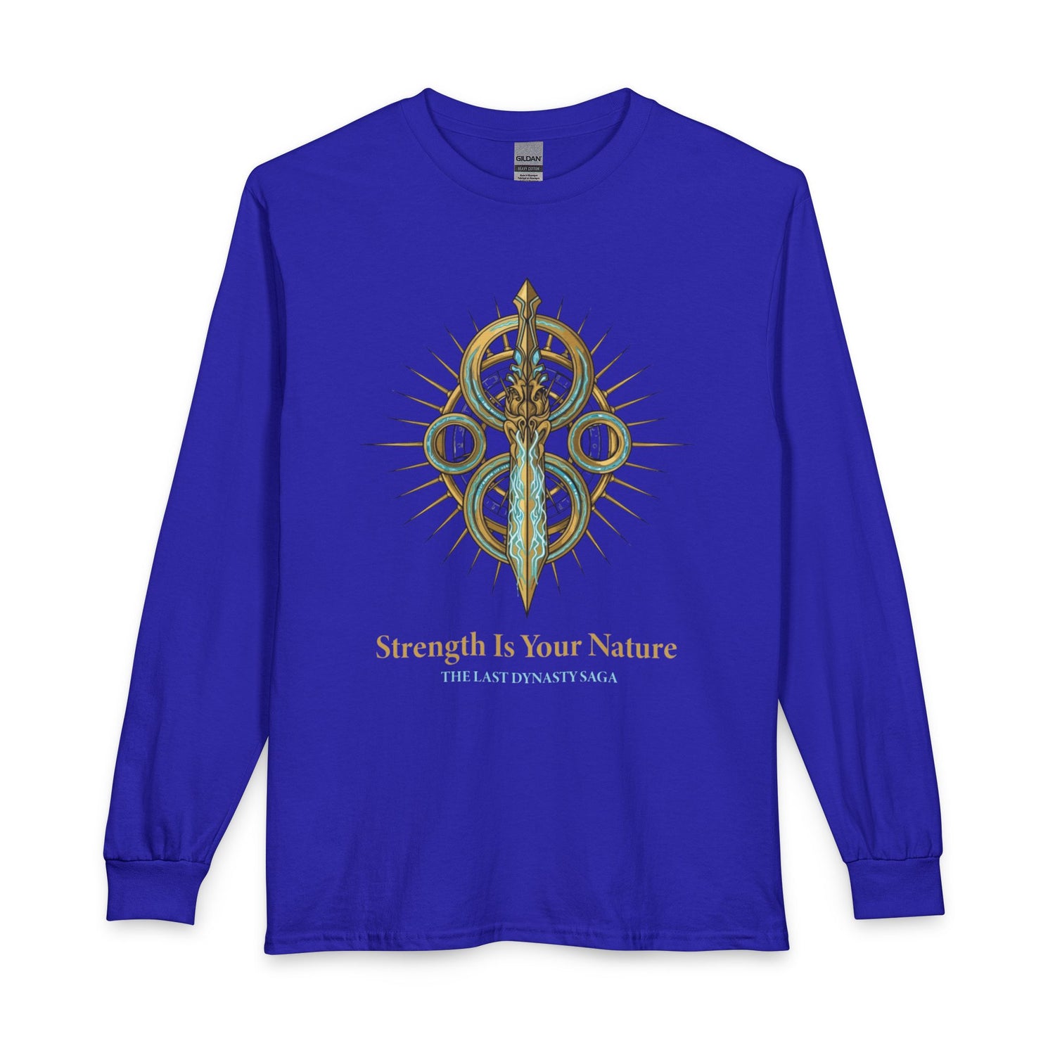 Strength Is Your Nature Long Sleeve Tee — Geometric Serpent Sword and Scarab Design