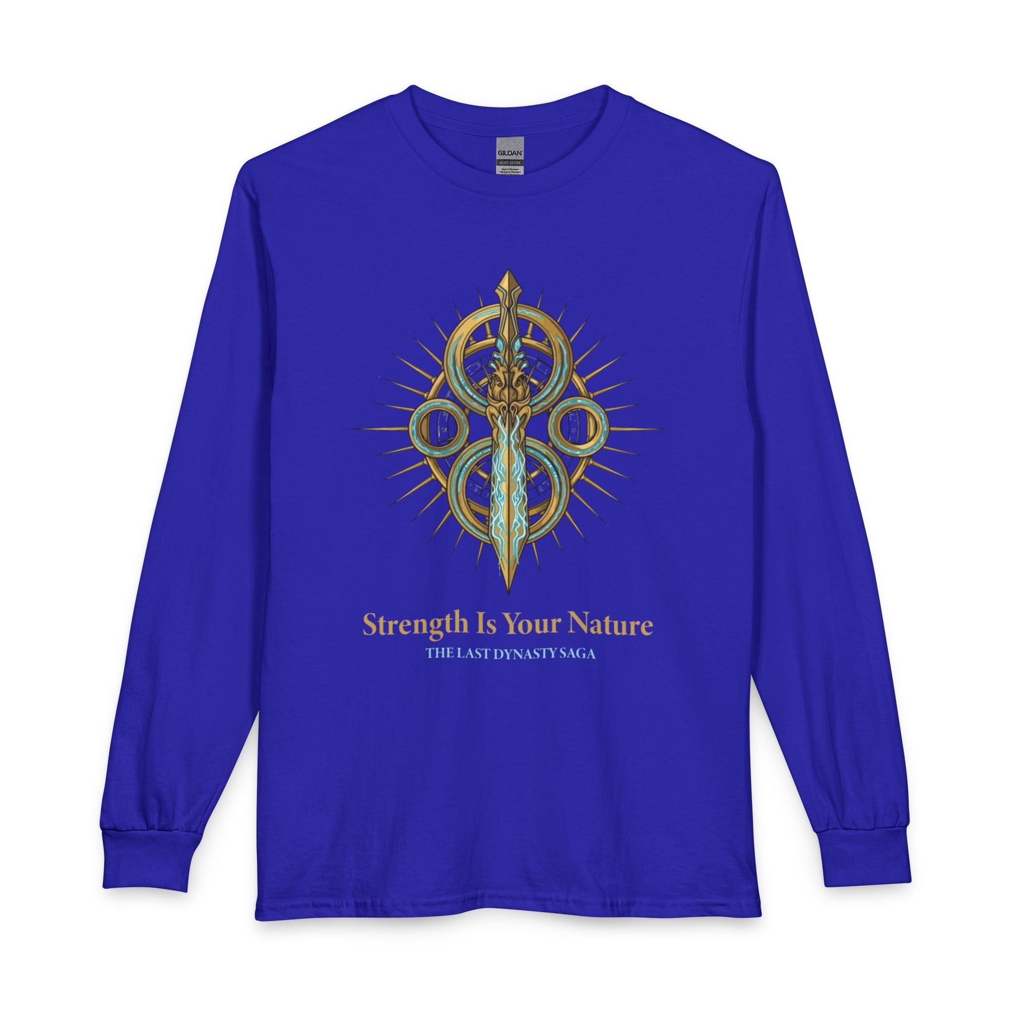 Strength Is Your Nature Long Sleeve Tee — Geometric Serpent Sword and Scarab Design