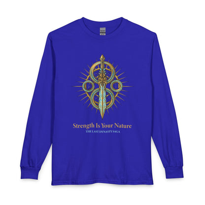 Strength Is Your Nature Long Sleeve Tee — Geometric Serpent Sword and Scarab Design