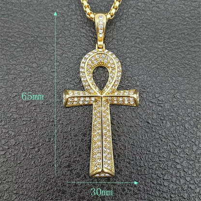 Iced Ankh Cross Pendant Stainless Steel Necklace with Full Crystal Detailing (Unisex)
