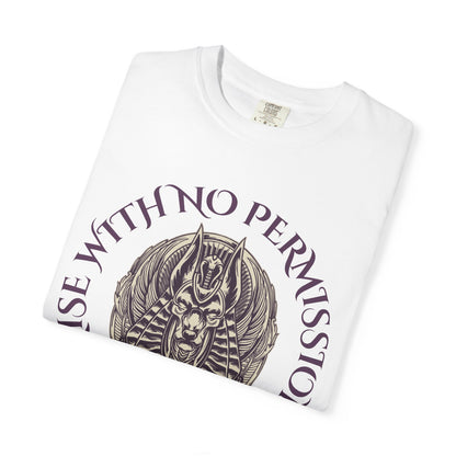 Rise With No Permission T-Shirt — Anubis Helmet Graphic Tee (“Your Song Is Your Spell”)