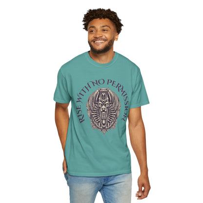 Rise With No Permission T-Shirt — Anubis Helmet Graphic Tee (“Your Song Is Your Spell”)