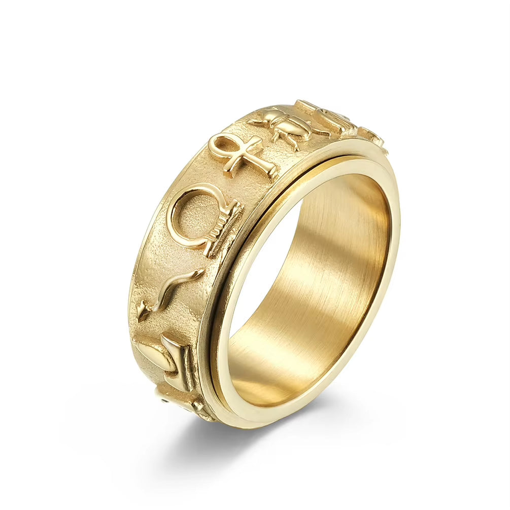 The Sigil Band – 8mm Vintage Stainless Steel Egyptian Symbol Spinner Ring  Unisex | Sizes 6–12