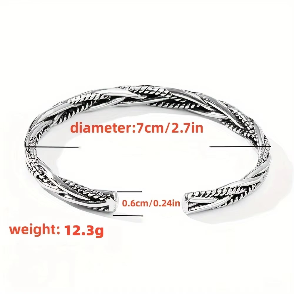 Twisted Woven Open Cuff Bracelet Silver-Tone Adjustable Stainless Steel Bangle (Unisex)