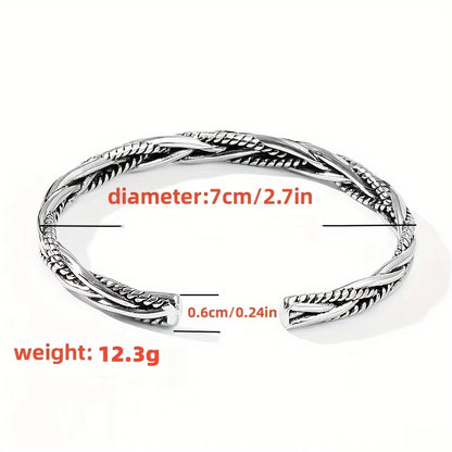 Twisted Woven Open Cuff Bracelet Silver-Tone Adjustable Stainless Steel Bangle (Unisex)