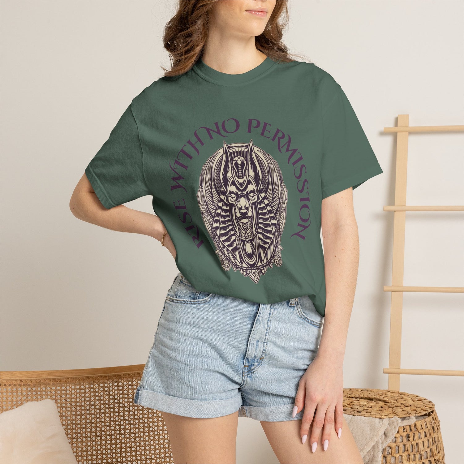 Rise With No Permission T-Shirt — Anubis Helmet Graphic Tee (“Your Song Is Your Spell”)