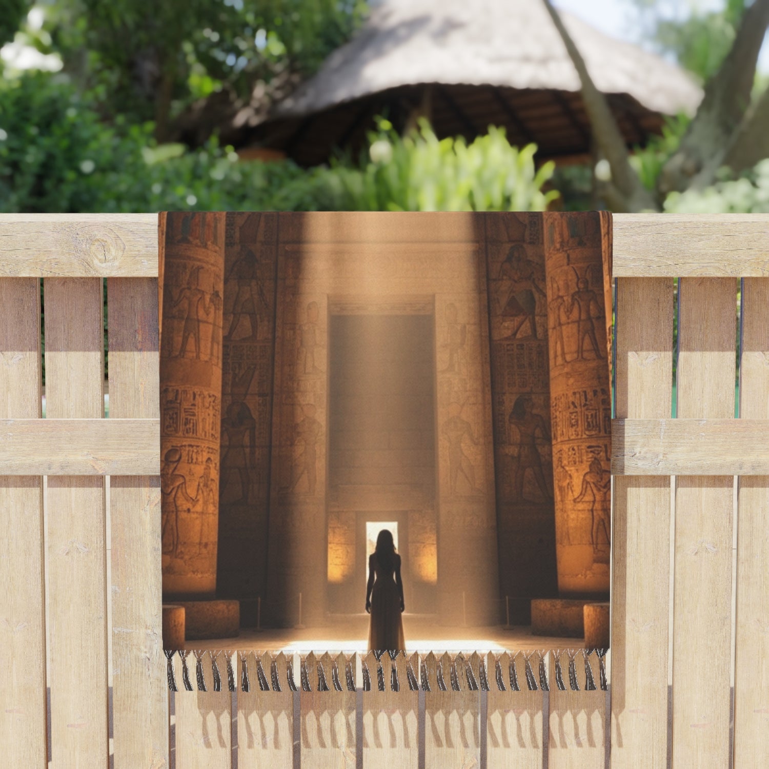 SAGA Beach Boho Towel – Sunlit Temple Architecture Print