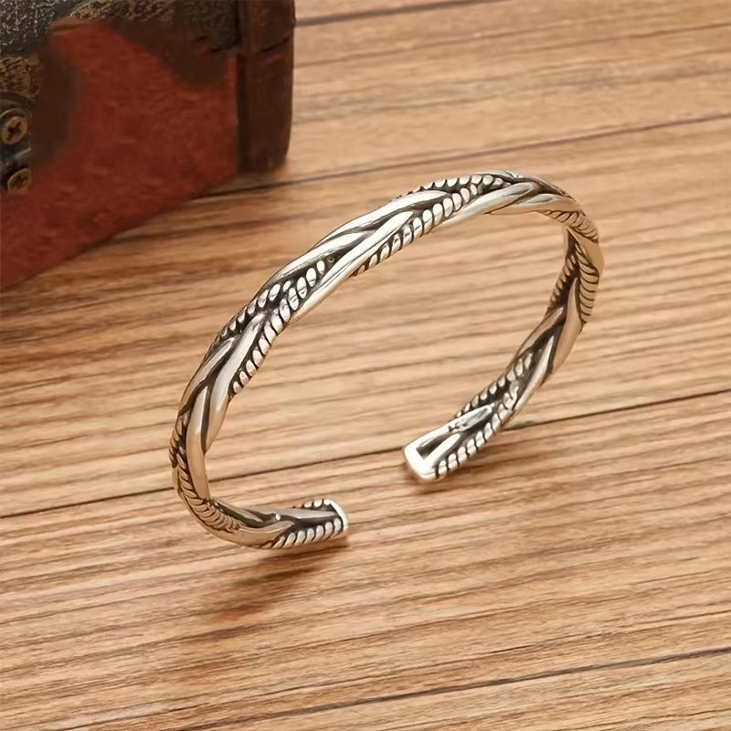 Twisted Woven Open Cuff Bracelet Silver-Tone Adjustable Stainless Steel Bangle (Unisex)