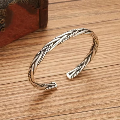 Twisted Woven Open Cuff Bracelet Silver-Tone Adjustable Stainless Steel Bangle (Unisex)