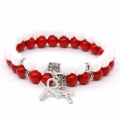 Cinnabar &amp; Tridacna Ankh Bracelet 8mm Natural Stone Beads | 19cm