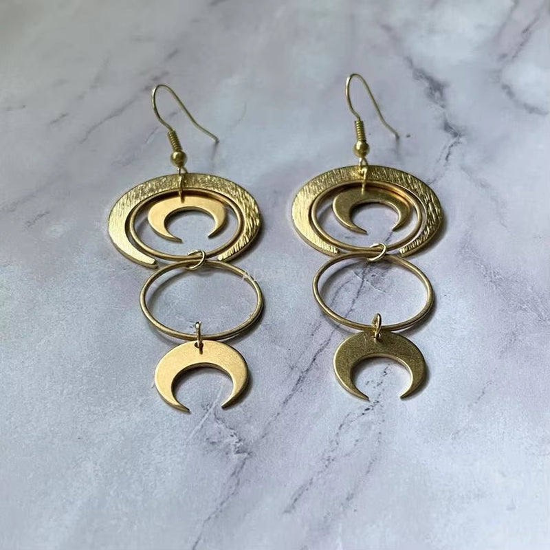 Celestial Crescent Drop Earrings Sun &amp; Moon Brass Statement