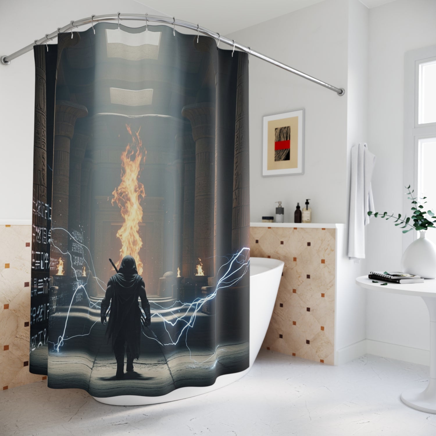 Mystic Temple Shower Curtain — Fantasy Sorcerer Flame &amp; Lightning Bathroom Decor