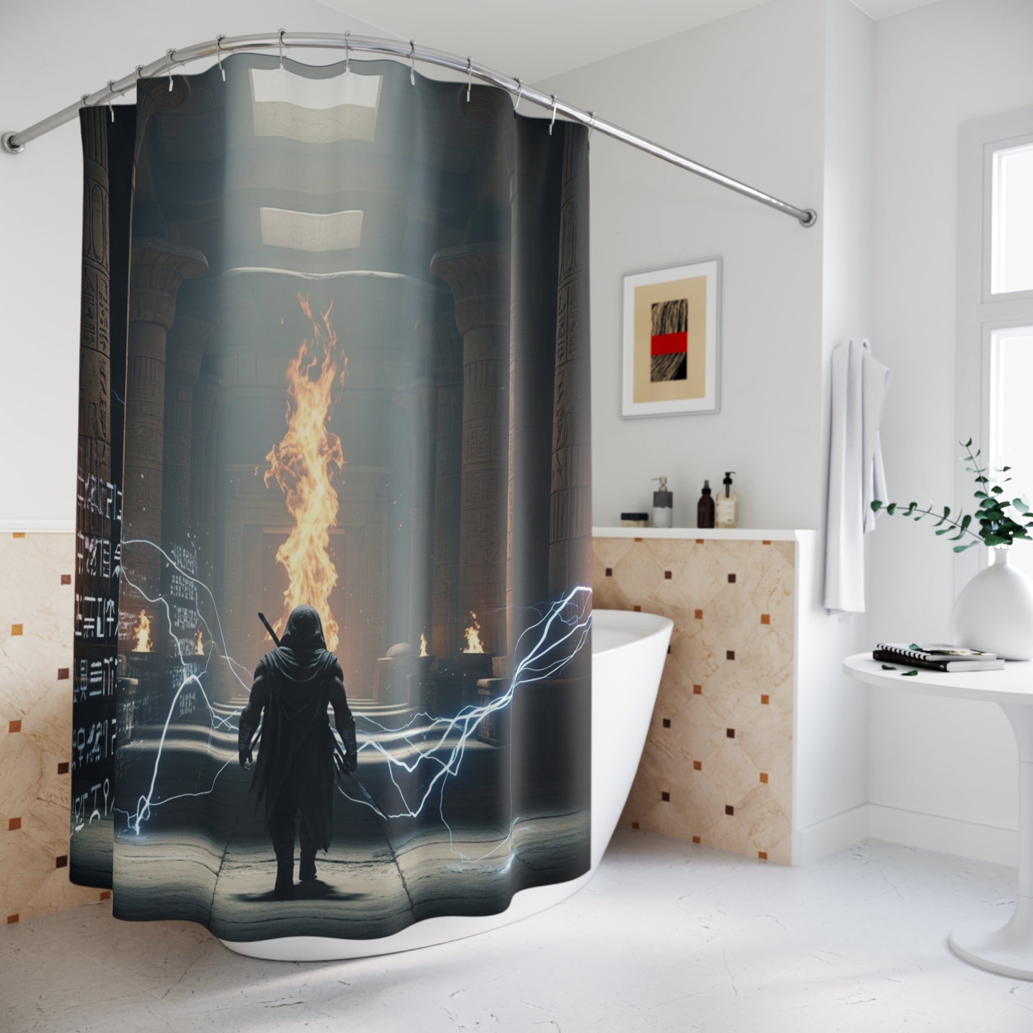 Mystic Temple Shower Curtain — Fantasy Sorcerer Flame &amp; Lightning Bathroom Decor