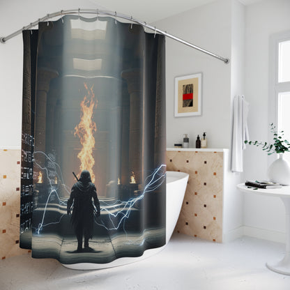 Mystic Temple Shower Curtain — Fantasy Sorcerer Flame &amp; Lightning Bathroom Decor