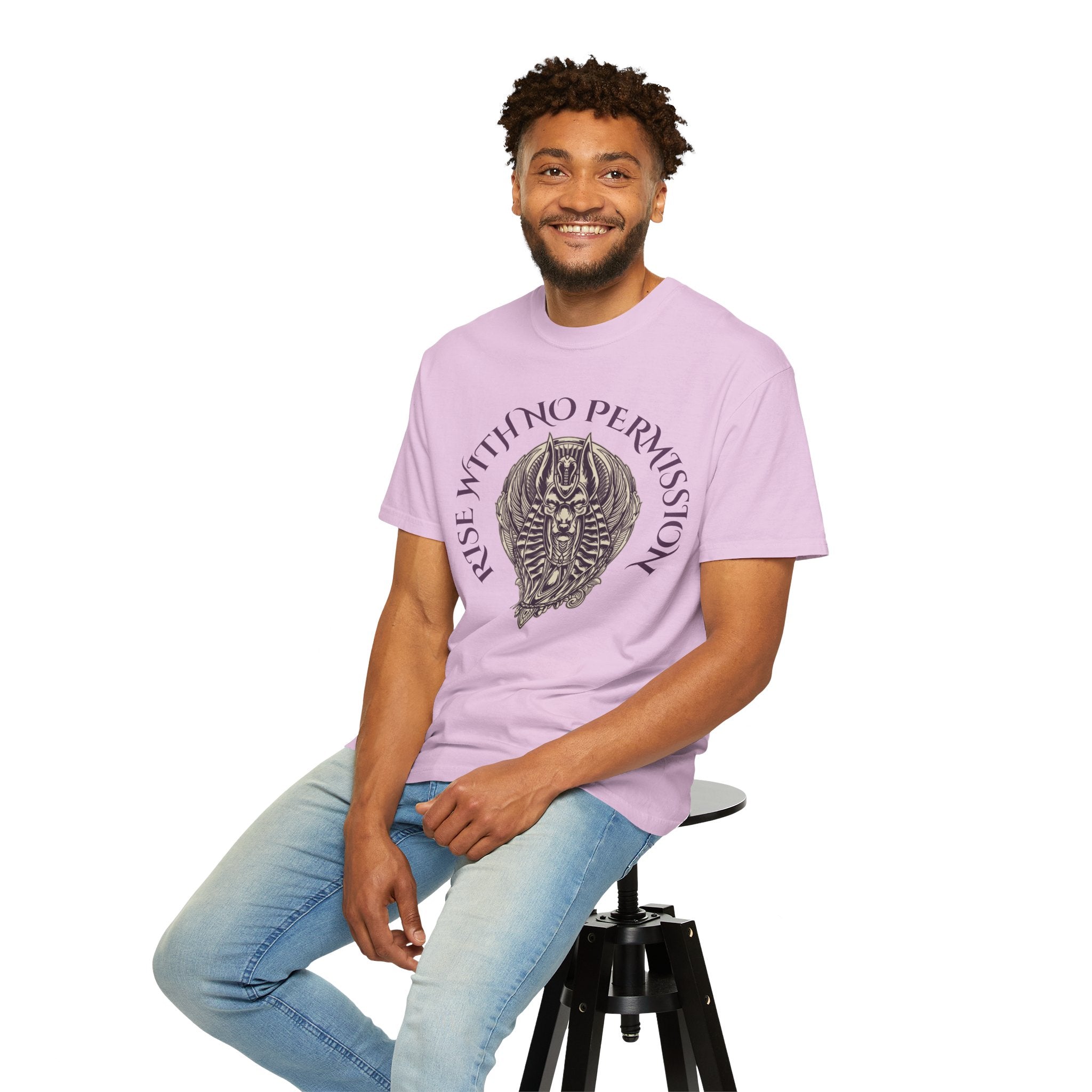 Rise With No Permission T-Shirt — Anubis Helmet Graphic Tee (“Your Song Is Your Spell”)