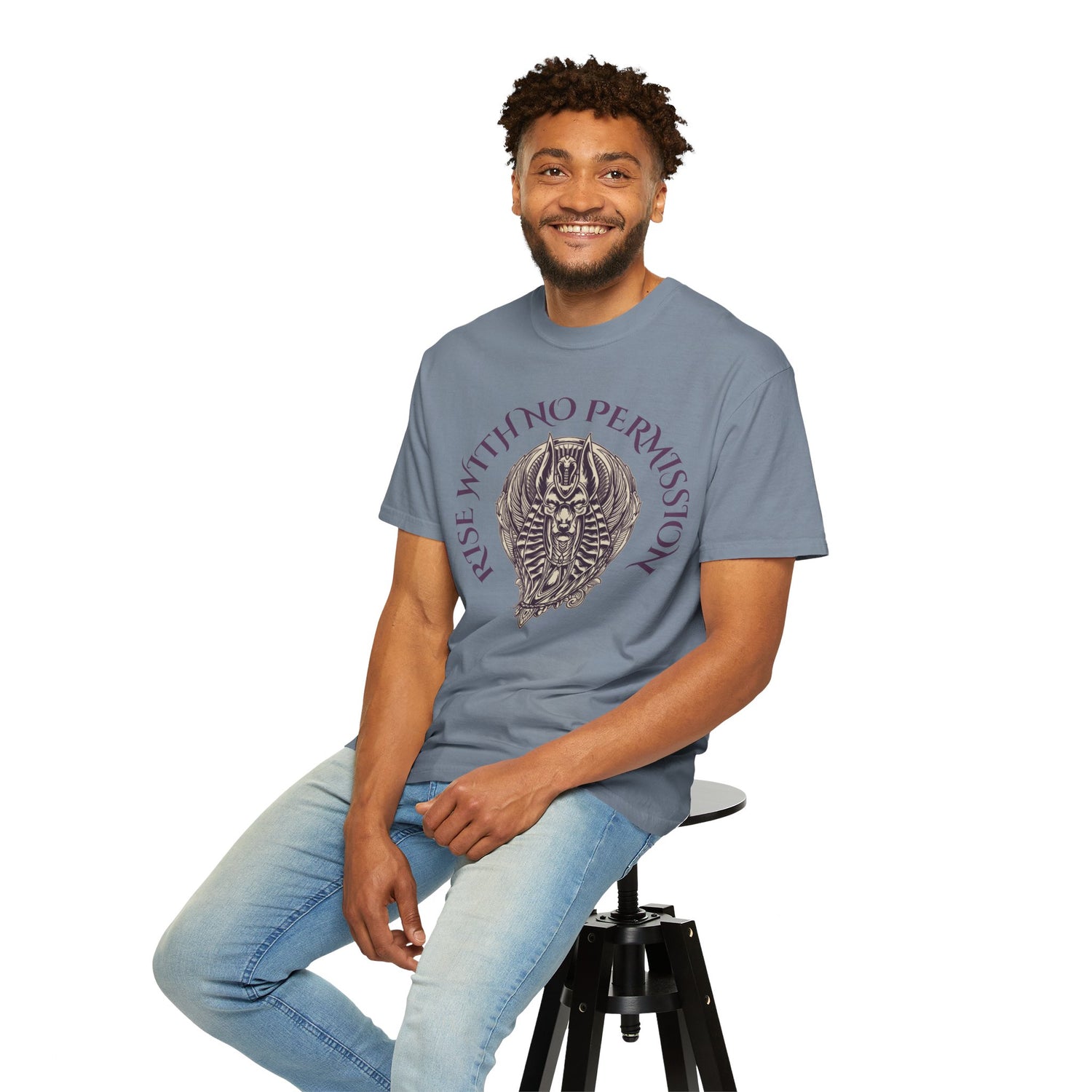 Rise With No Permission T-Shirt — Anubis Helmet Graphic Tee (“Your Song Is Your Spell”)