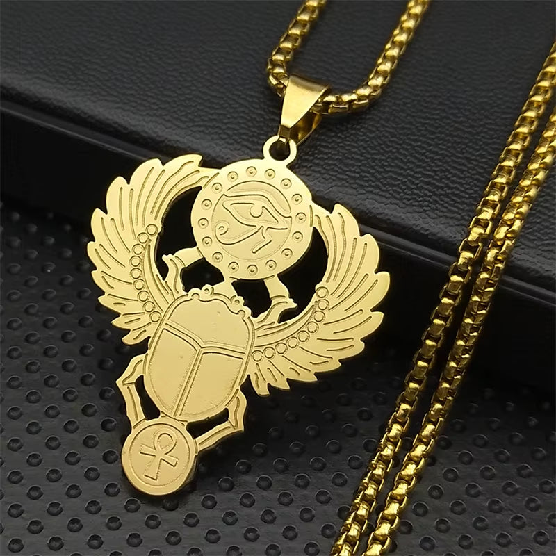 Scarab &amp; Solar Eye Pendant Necklace Gold-Tone Stainless Steel with Ankh Detail (Unisex)