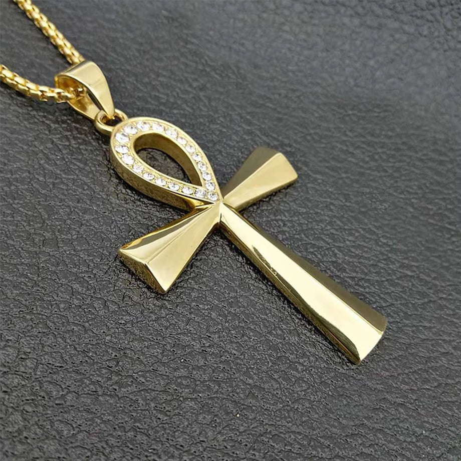 Iced Ankh Pendant Necklace Gold-Tone Stainless Steel Key of Life with Crystal Detailing