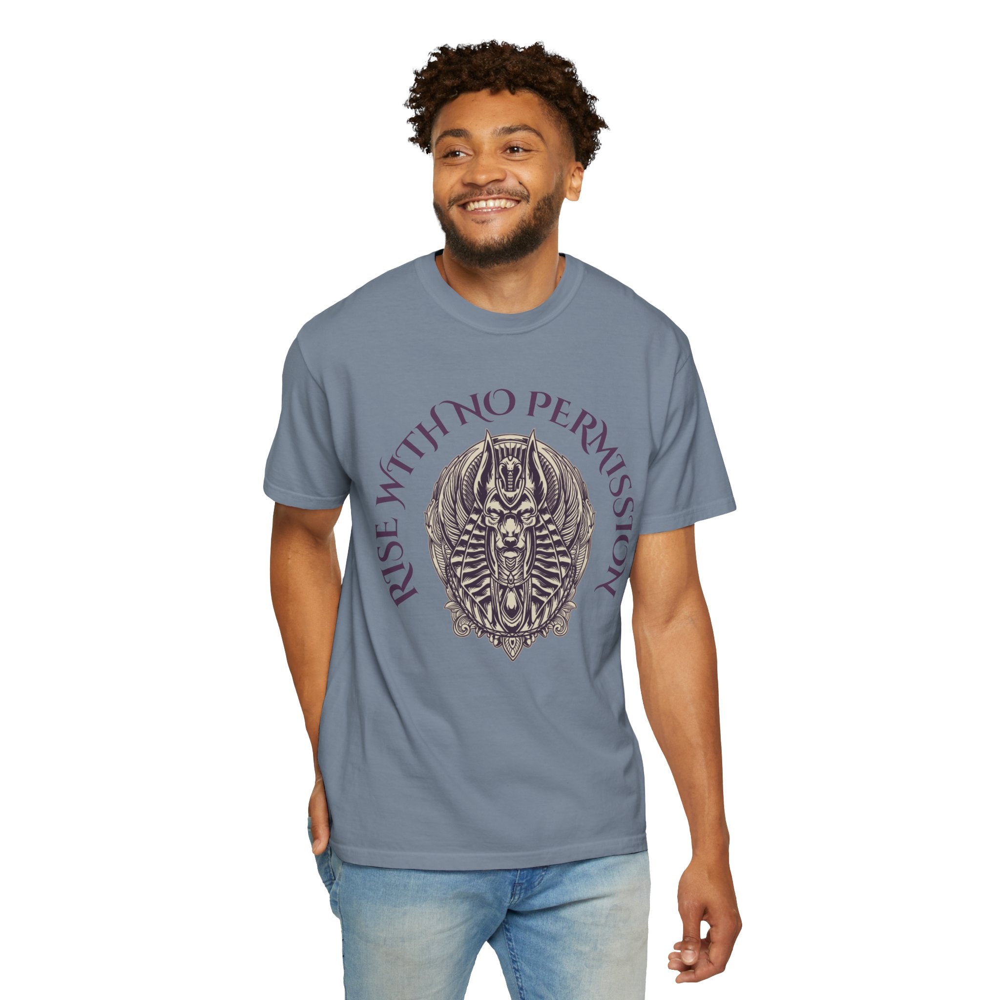 Rise With No Permission T-Shirt — Anubis Helmet Graphic Tee (“Your Song Is Your Spell”)