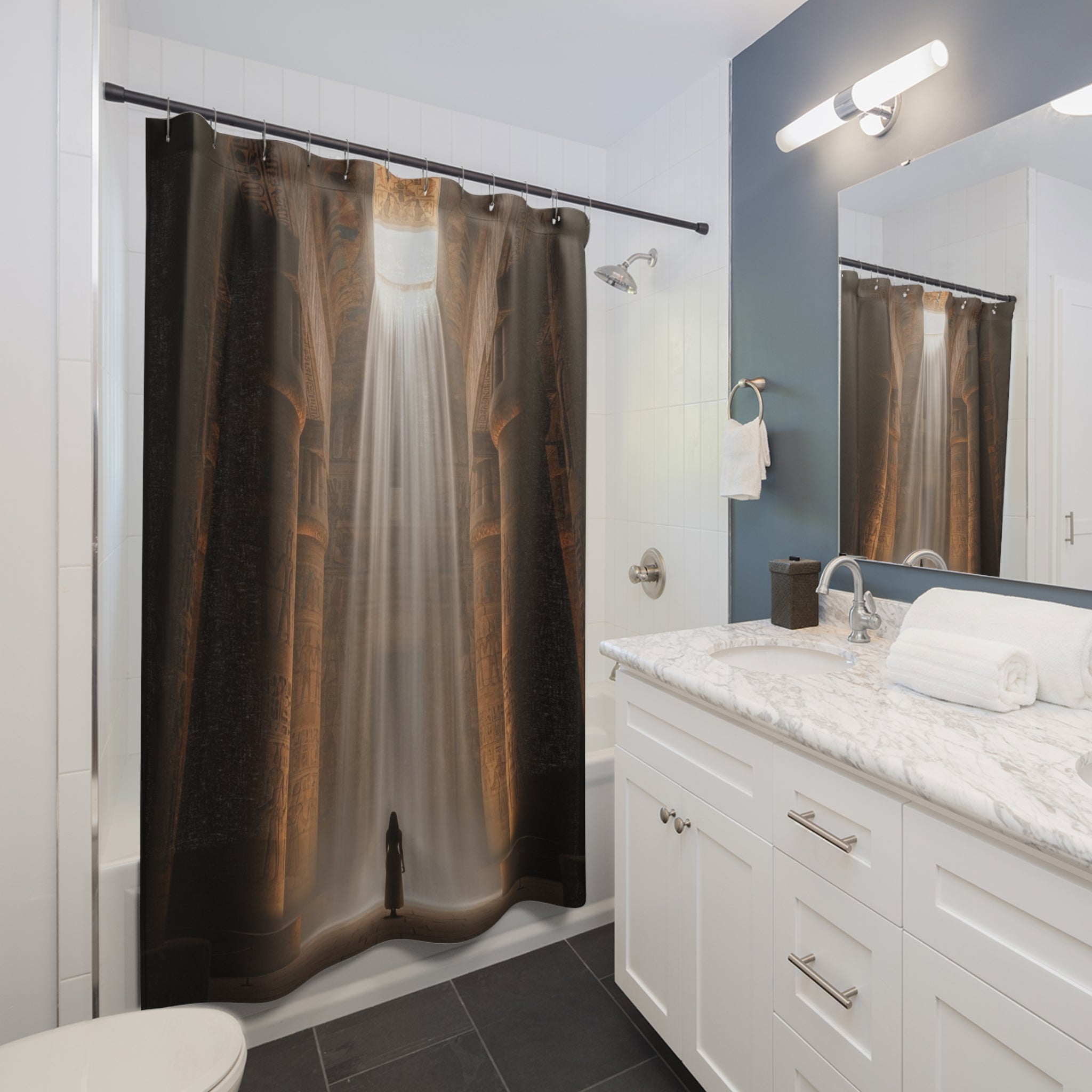 Shower Curtain — Mystical Saga temple Light Shower Curtain (Soothing Spiritual Bathroom Décor)