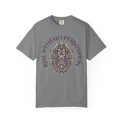 Rise With No Permission T-Shirt — Anubis Helmet Graphic Tee (“Your Song Is Your Spell”)