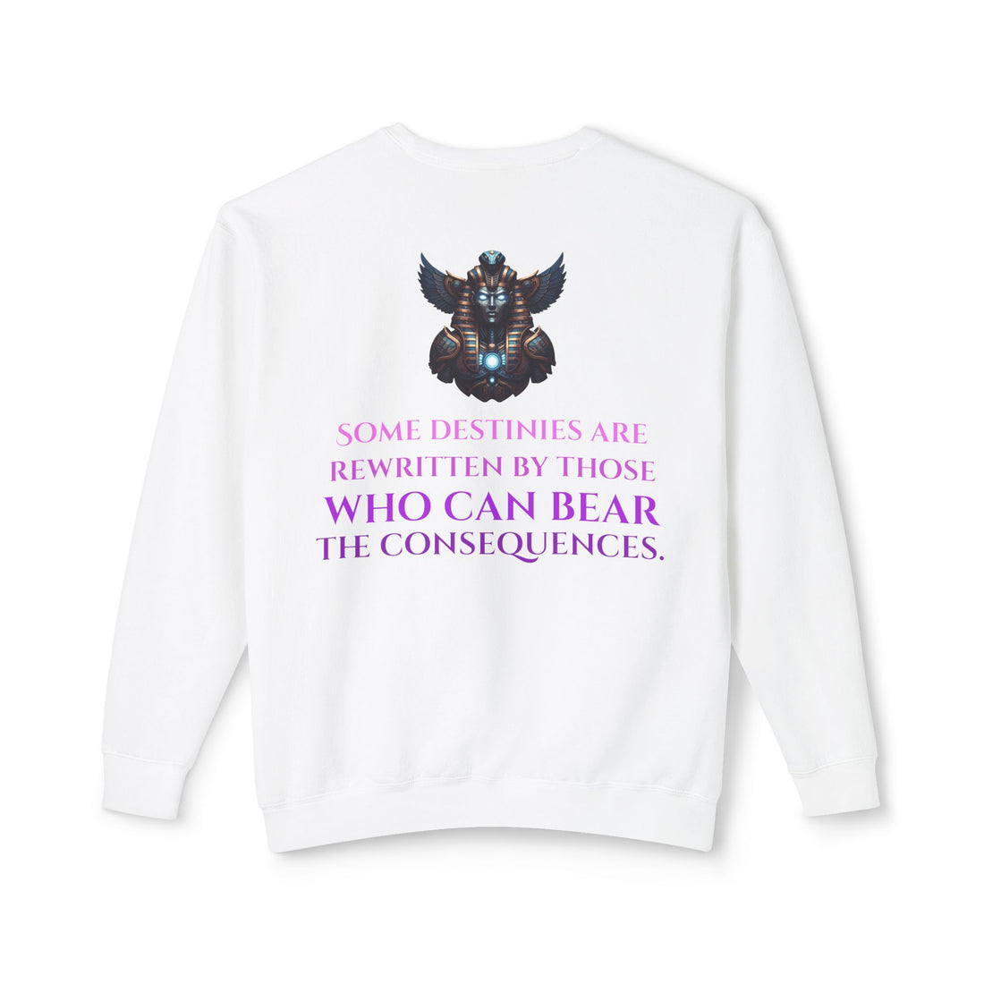 The Hidden Sigil Crewneck Sweatshirt — Mythic Bird Mask Graphic, "Some Destinies Are Rewritten..." Back Quote