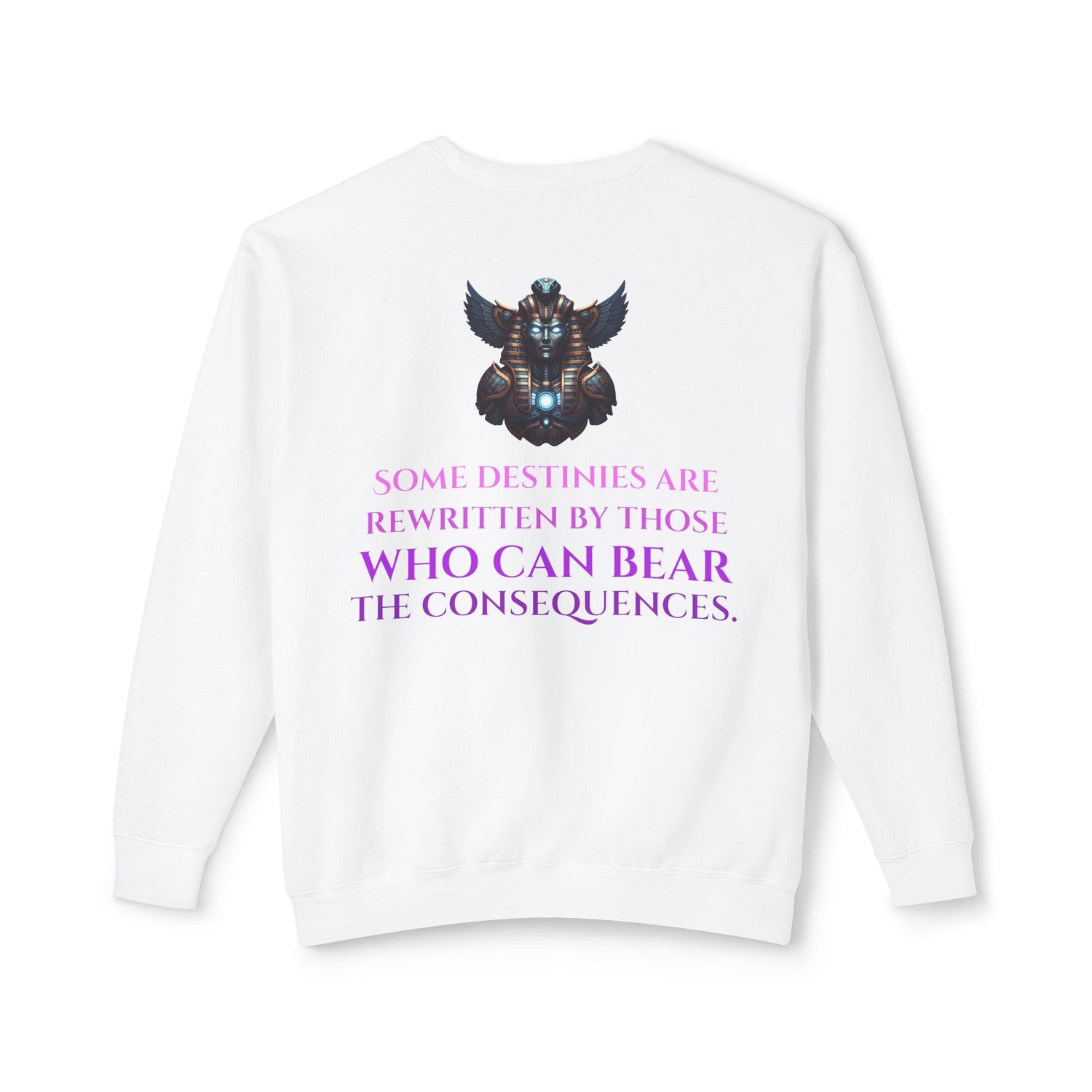 The Hidden Sigil Crewneck Sweatshirt — Mythic Bird Mask Graphic, "Some Destinies Are Rewritten..." Back Quote