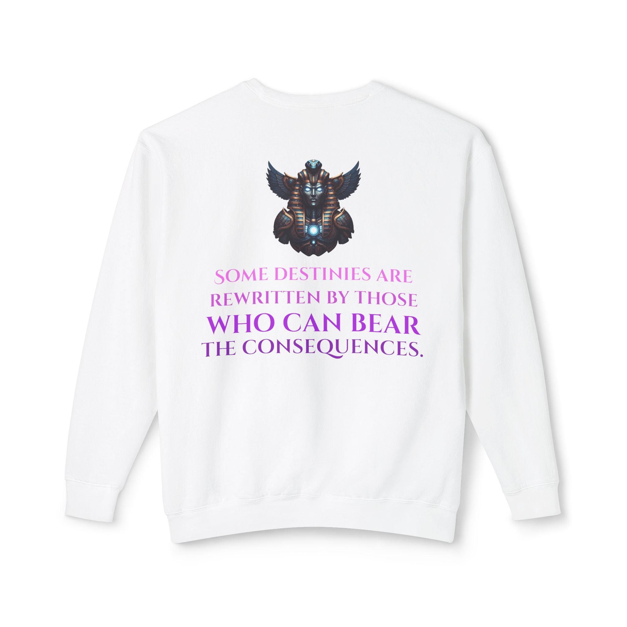 The Hidden Sigil Crewneck Sweatshirt — Mythic Bird Mask Graphic, "Some Destinies Are Rewritten..." Back Quote